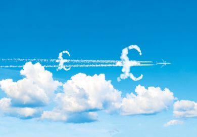 Montage of plane flying with £ symbol clouds to illustrate We need cash incentives  to shrink carbon footprints