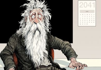 Illustration of Professor Van Winkle wakes up with 2041 calendar on the wall as described in the story.