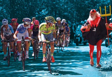 Man dressed as a devil along side cyclists at the Tour de France Man dressed as a devil along side cyclists at the Tour de France to illustrate A devil’s advocate  in every lab would  drive better science