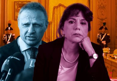 Montage of Donatella Di Cesare and Francesco Lollobrigida in front of the hearing room at the Constitutional Court in Rome