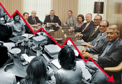 Boardroom meeting divided graph line going down, half black and white half colour to illustrate Faculty-administrator distrust is making US universities ungovernable