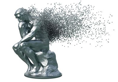 Disintegration Of Metal Sculpture Thinker On White Background. 3D Illustration. to illustrate Dimensions of change