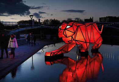 Light installation 'Digital Origami Tigers'  on the banks of the River Thames in London to illustrate Sir Paul Nurse: UK’s ‘weak’ Pioneer scheme ‘not a good bargaining chip’