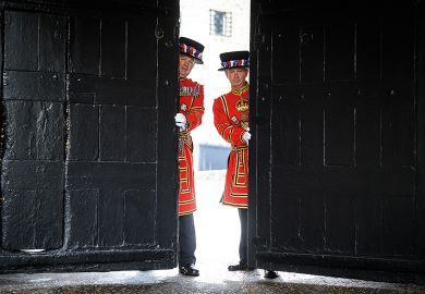 Guards pose with the gates at the main entrance of the Tower of London to illustrate Tories’ manifesto could include a pledge to scrap UK graduate visa