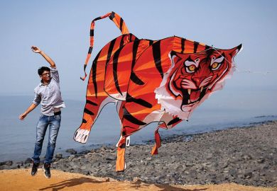 A participant flies a tiger shaped kite during the International Kite Festival in Mumbai 