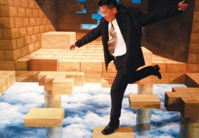 A man poses for a picture with a 3D optical illusion painting during an exhibition by the Trick Art Museum A man poses for a picture with a painting during an exhibition by the Trick Art Museum as a metaphor for Yale-NUS guarantees impossible to fulfil, academics claim