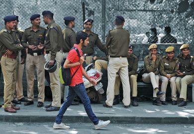 Akhil Bharatiya Vidyarthi Parishad (ABVP) members taking a break at a march from Ramjas College to the Faculty of Arts at Delhi University to illustrate Political interference  on campus is  wasting India’s demographic dividend