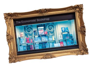 Montage of a book shop window inside a gold picture frame 