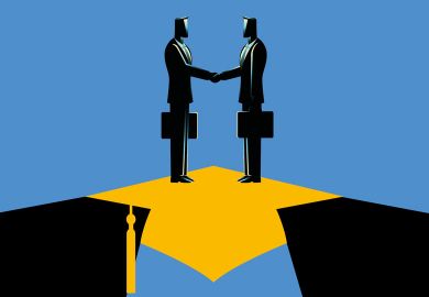 illustration of two people shaking hands stand on a bridge in the shape of a mortar board to illustrate HE must not retreat from international engagement