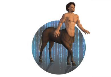 Concept of a  centaur walking on a data background to illustrate Centaurs and cyborg type of people