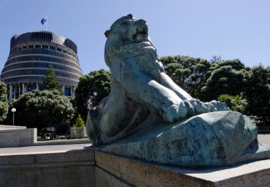 Wellington, New Zealand - February 25, 2013 Lion outside the Beehive building - Parliament of New Zealand in Wellington city as view from Wellington Citizens War Memorial on February 25, 2013.