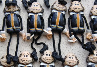 William Shakespeare badges on sale, Stratford-upon-Avon