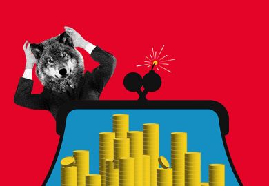 Purse full of gold coins with the clasp looking like a bomb, while a banker wolf holds its ears. To illustrate whether banking covenants are the big bad wolf of UK higher education. Purse full of gold coins with the clasp looking like a bomb, while a banker wolf holds its ears. To illustrate whether banking covenants are the big bad wolf of UK higher education.