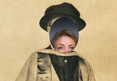 Woman peeking through face of photo of university graduate
