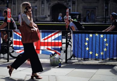 Woman walking past UK and EU flags