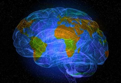 A networked brain with a world map superimposed