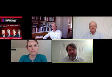 Jo Johnson, Lord Willetts and Chris Skidmore with Sara Custer. Zoom webinar 23rd April 2020.