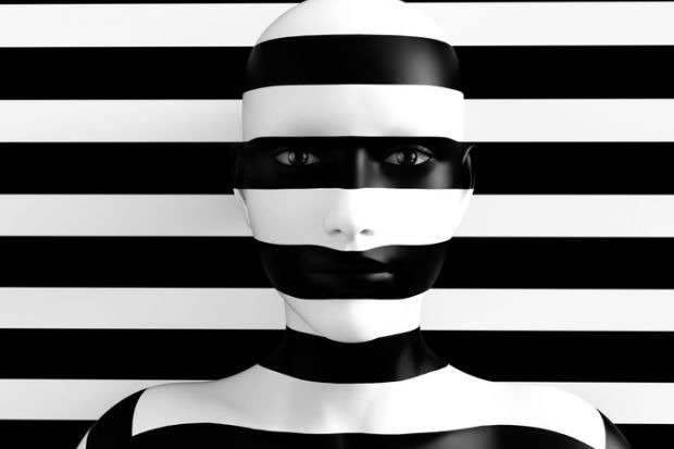 3D rendering of a womans face trying to blend in with the black and white striped background