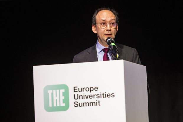 Josep Garrell, the head of the EUA, speaking at a lecturn at the summit