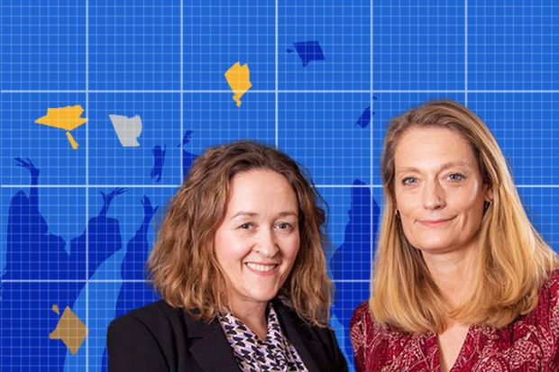 Ruth Hannant and Polly Payne, co-chief executives of the Office for Students (OfS). WIth a background blueprint of graduates throwing mortarboards. To illustrate an overhauled Teaching Excellence Framework (TEF). Ruth Hannant and Polly Payne, co-chief executives of the Office for Students (OfS). WIth a background blueprint of graduates throwing mortarboards. To illustrate an overhauled Teaching Excellence Framework (TEF).