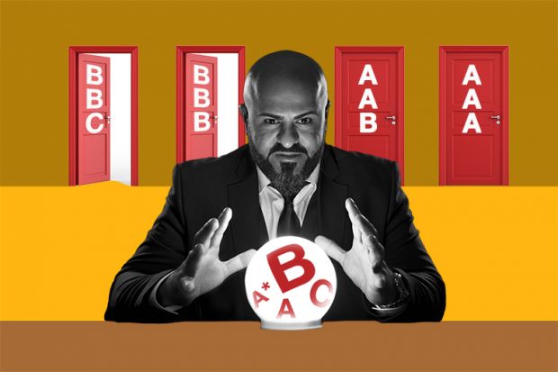 A man using a crystal ball to predict A-level grades, with doors behind him with university grade offers – some are open and some are closed because of a B grade prediction.