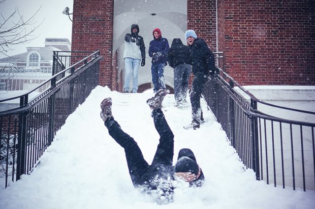 Student slips on snowy staircase, Johns Hopkins University Student slips on snowy staircase, Johns Hopkins University