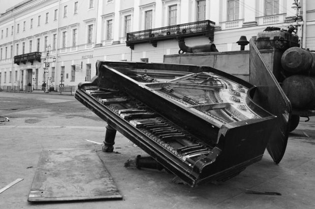 A broken piano in the street, symbolising cliosed music departments