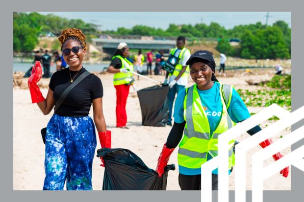 Two women participating in a beach clean-up in Africa, organised by the All-Africa Students Union (AASU). Two women participating in a beach clean-up in Africa, organised by the All-Africa Students Union (AASU).