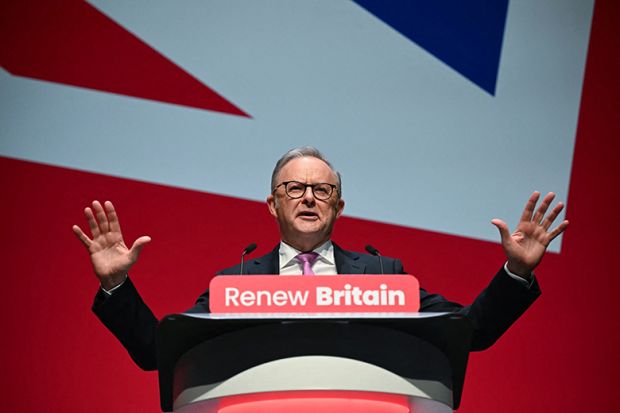 Australia's Prime Minister Anthony Albanese gestures as he prepares to speak on the first day of the annual Labour Party conference in Liverpool, north-west England, on 28 September, 2025.