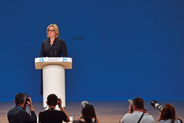 BIRMINGHAM, ENGLAND - OCTOBER 04: Home Secretary, Amber Rudd, delivers her first speech as Home Secretary on the third day of the Conservative Party Conference 2016 at the International Conference Centre on October 4, 2016 in Birmingham, England.