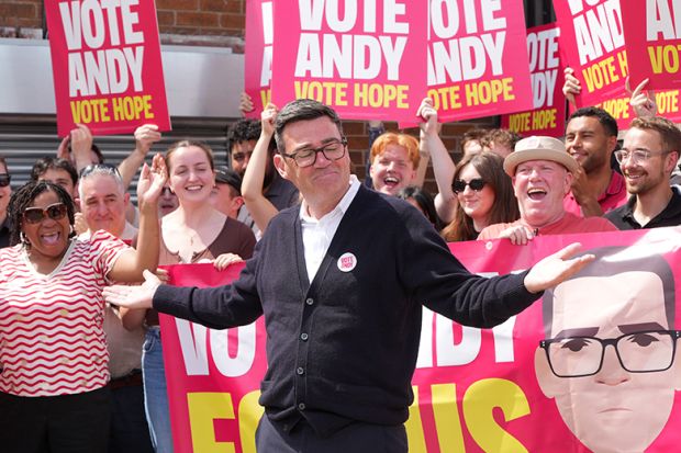 Greater Manchester Mayor and Labour Party candidate Andy Burnham greets supporters at the Labour campaign HQ at Stubshaw Cross Community and Sports Club on 18 June 2026 in Ashton-in-Makerfield, England.