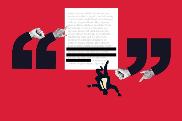 Man being pushed from a retracted paper by quotation marks that are pointing and have clenched fists. To illustrate harsh sanctions for research misconduct. Man being pushed from a retracted paper by quotation marks that are pointing and have clenched fists. To illustrate harsh sanctions for research misconduct.