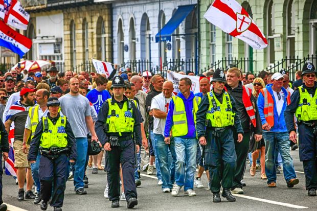 April 30, 2011 People at a Right-wing EDL demonstration in Weymouth, UK