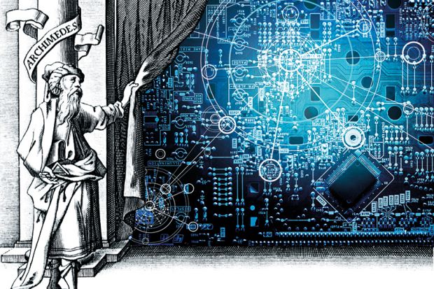 Illustration: Archimedes unveils a circuit board from behind a curtain Illustration: Archimedes unveils a circuit board from behind a curtain