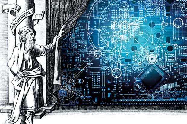 Illustration: Archimedes unveils a circuit board from behind a curtain