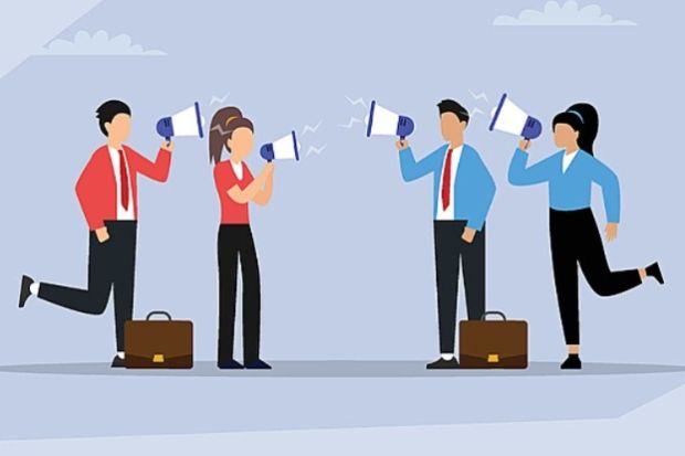 Figures in red and blue shout at each other through megaphones