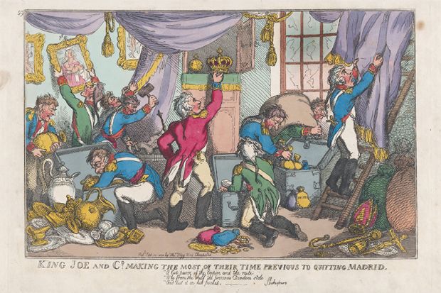King Joe and Co. Making the Most of Their Time Previous to Quitting Madrid, by Thomas Rowlandson