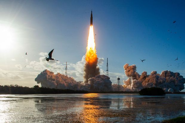The Artemis II crewed lunar mission lifts off from Pad 39B at Kennedy Space Center in Cape Canaveral, Florida, on 1 April 2026. 