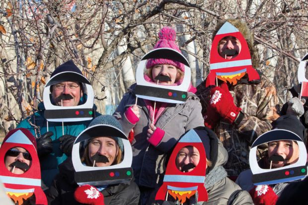 Relatives and friends of International Space Station (ISS) Canadian astronaut Chris Hadfield gather for his farewell before a final pre-flight preparation near his hotel at the Baikonur Cosmodrome