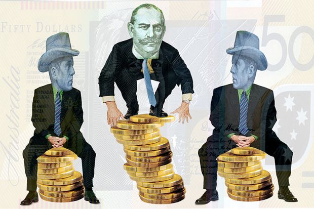 Balancing managed funds illustration, using figures from Australian banknotes balancing on piles of coins. To illustrate conflicting trends of affluence and adversity in the Australian HE sector. Balancing managed funds illustration, using figures from Australian banknotes balancing on piles of coins. To illustrate conflicting trends of affluence and adversity in the Australian HE sector.