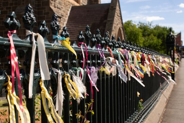 Ballarat, Australia, March 15, 2017 Hundreds of colourful ribbons attached to the fence of St Patricks Catholic Cathedral in support of survivors of child sexual abuse, Ballarat, Victoria, Australia