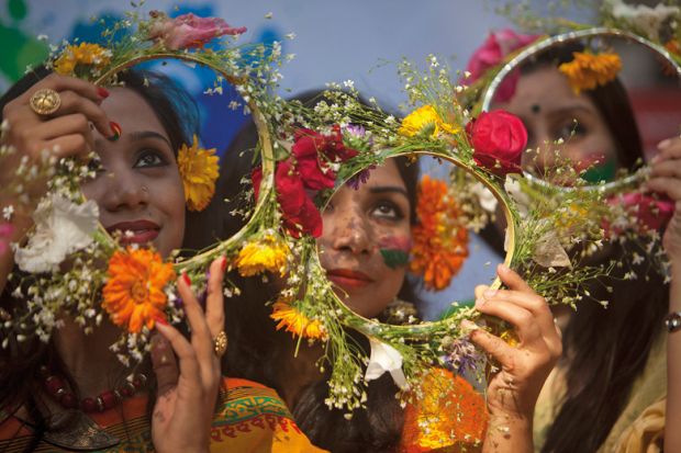Bangladeshi girl has head decorated with flowers, Dhaka University