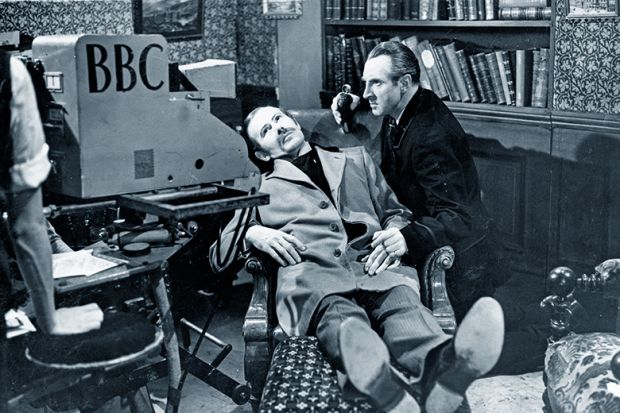 Actors Alan Wheatley and Raymond Francis in Sherlock Holmes, with a BBC camera. To illustrate that historians are unable to find material held at the BBC Written Archives Centre due to the suspension of vetting requests.