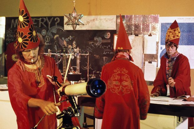 George Harrison, Ringo Starr and Paul McCartney in costume while filming "Magical Mystery Tour" in Maidstone, England circa September, 1967. Harrison is looking at a telescope. To illustrate Beatles lyrics being used in scientific papers.