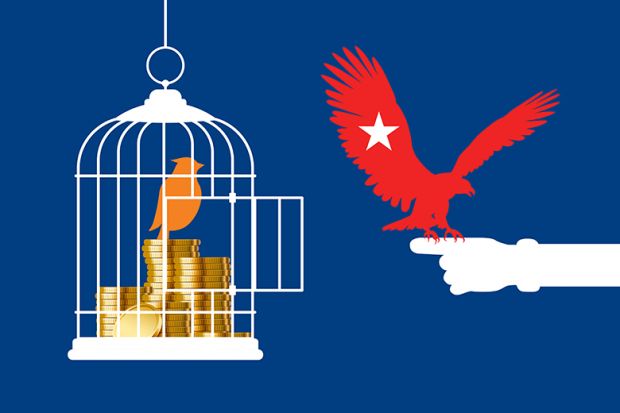Bird sitting with money inside cage, with an eagle refusing to enter. To illustrate Asian universities submitting to authority, especially if tied to funding, whereas Western counterparts have traditionally resisted coercion.