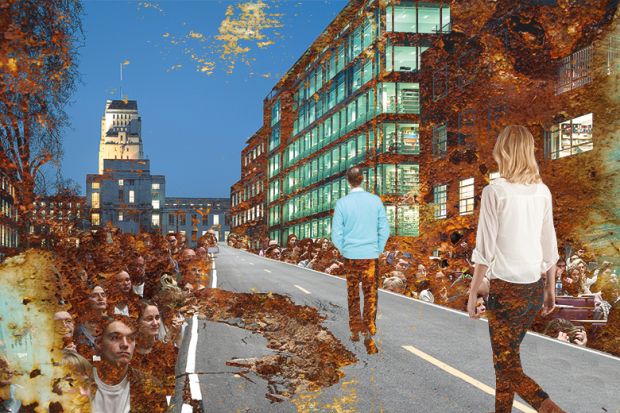 Montage of Birkbeck, University of London with damaged road and students and rust. To illustrate how Birkbeck was let down by decades of 'damaging policy’