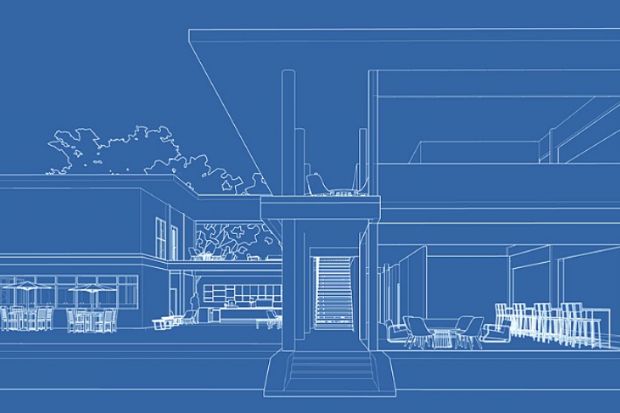 A blueprint of a large building, symbolising institutional design