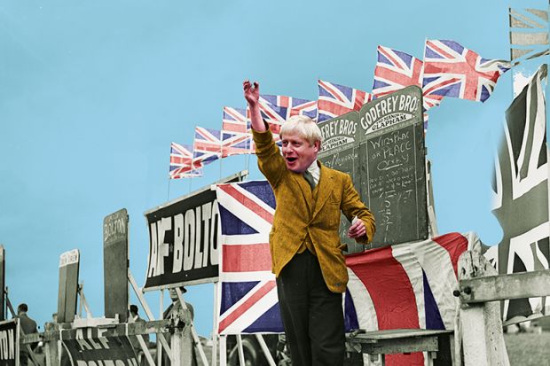 Composite image of UK prime minister Boris Johnson as a bookmaker, illustrating ‘picking winners’