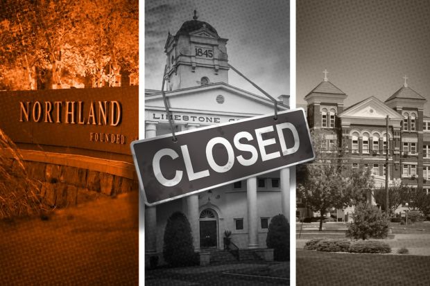 Three college campus images arranged behind a closed sign.
