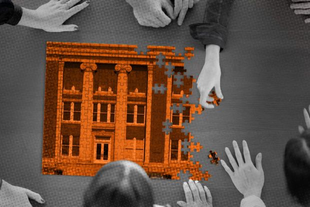 A photo illustration of a group of people around a table putting together a puzzle of a college campus.